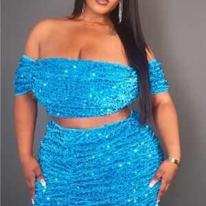 Plus Sequin Velvet Bardot Crop Top/Skirt Set